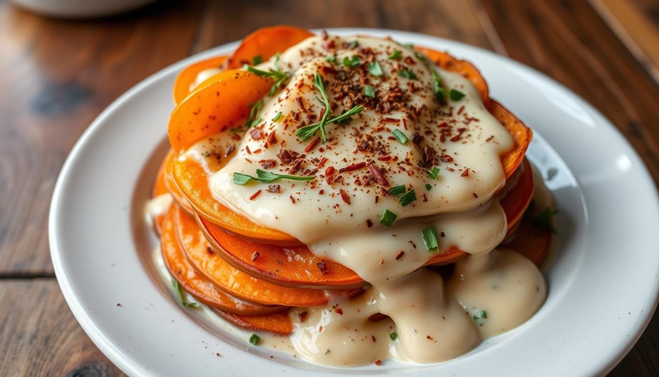 Plant-based scalloped sweet potatoes