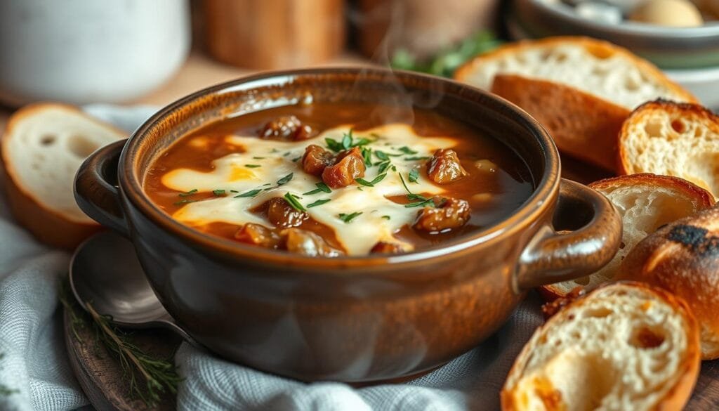 Reheated vegan French onion soup