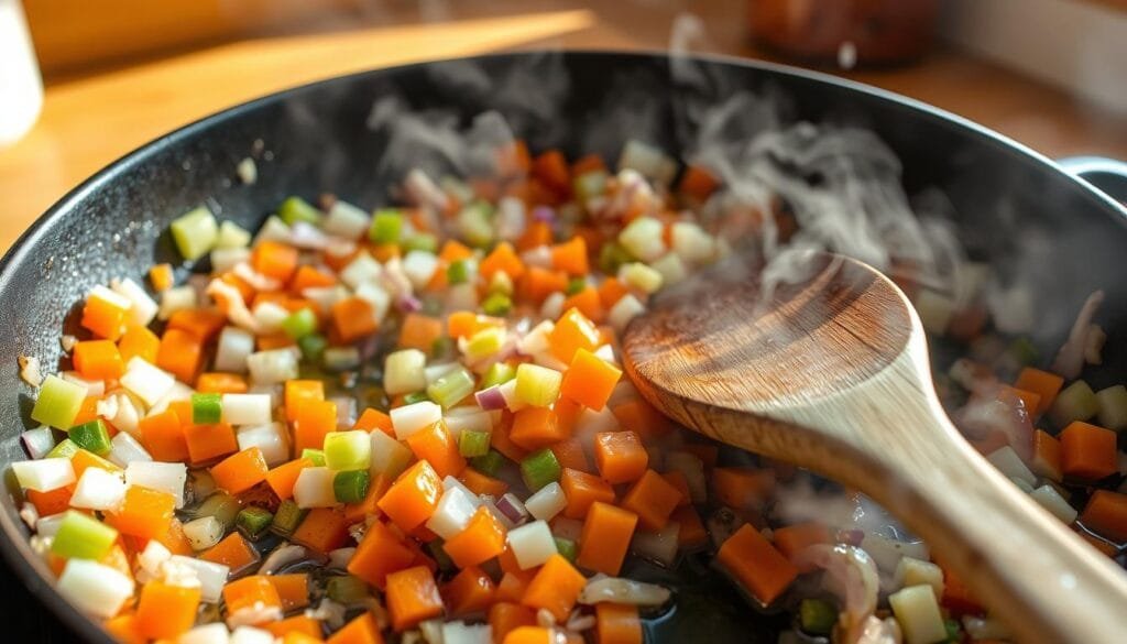 Sautéing the mirepoix for vegan bolognese