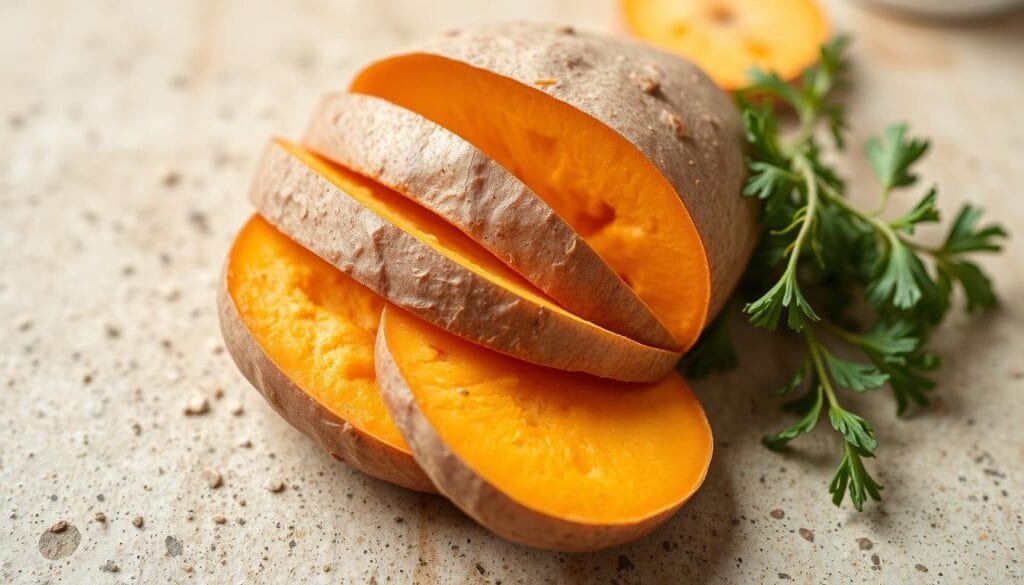 Slicing sweet potatoes with a mandoline