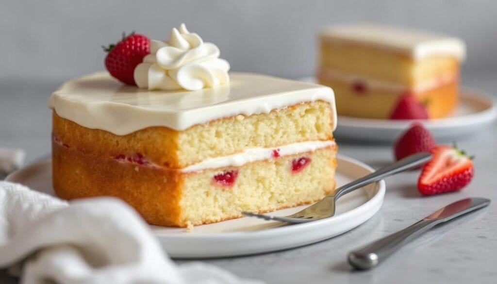 vegan tres leches cake with whipped cream and strawberries